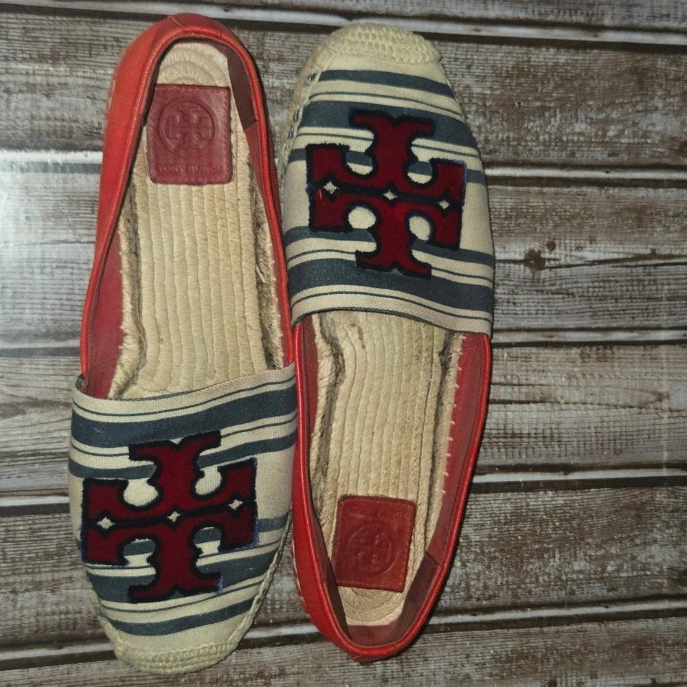 Sz 10 Tory Burch Ines Red Blue Stripe Canvas/ Leather Flat Espadrille Shoes